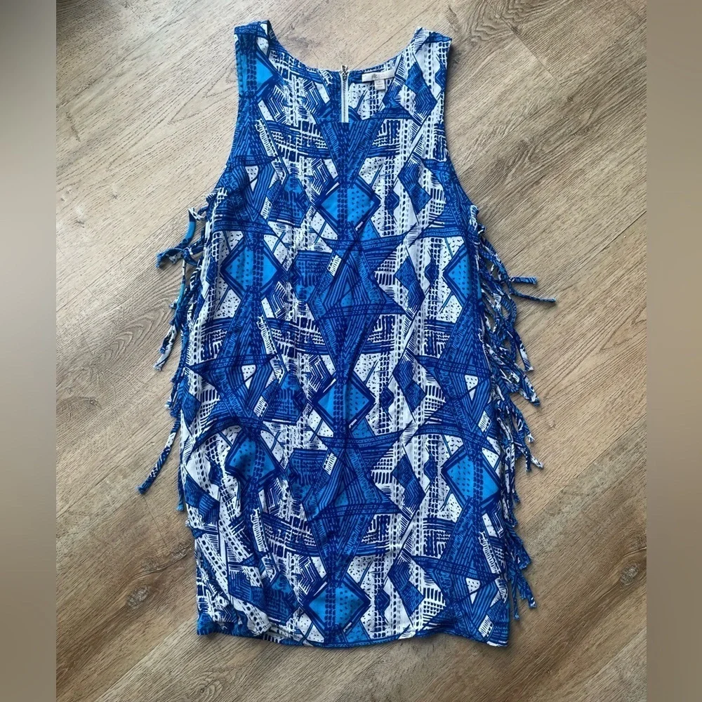 Ella Moss Fringe Side Shift Dress Blue Abstract Print Medium Y2K retro